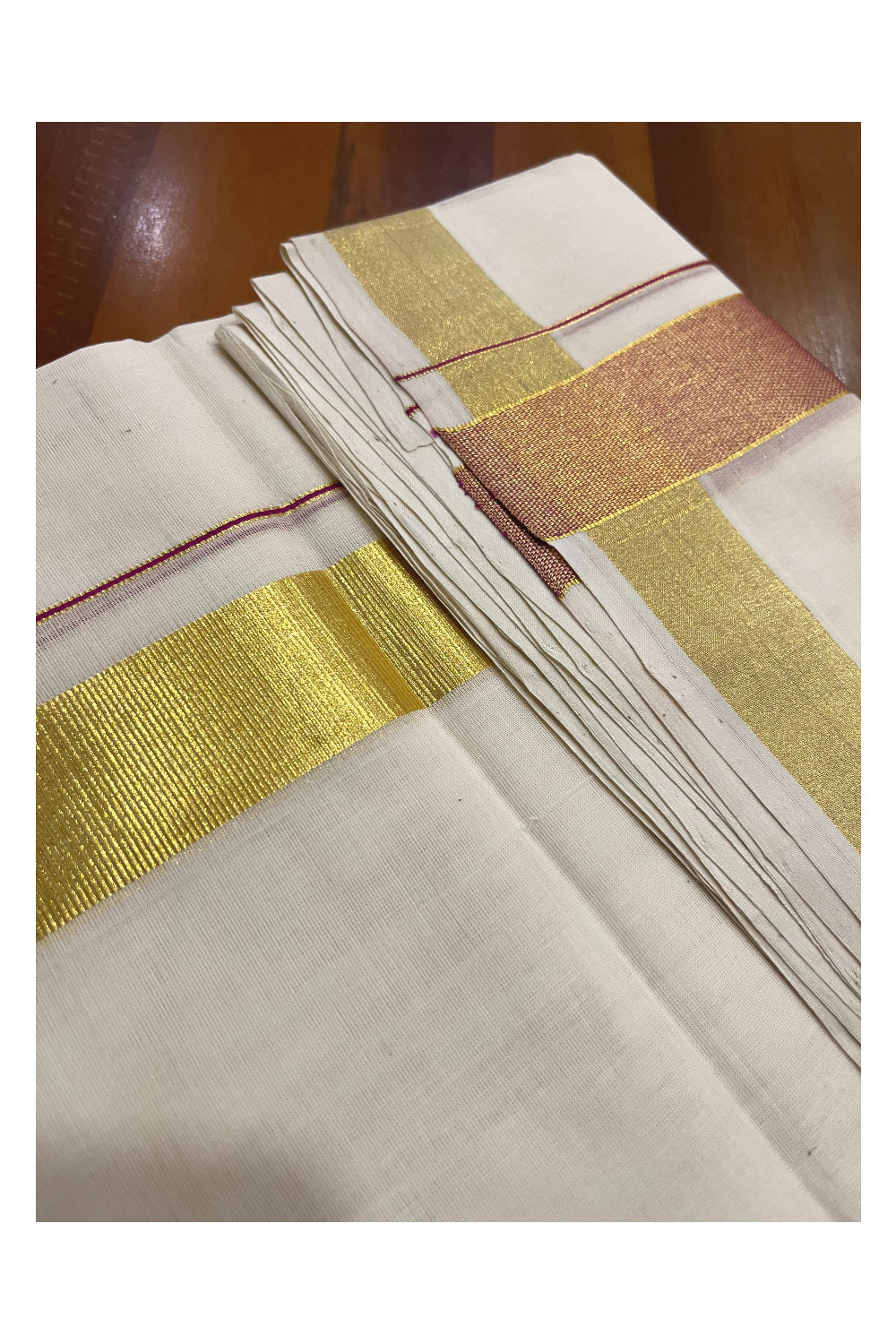 Southloom Super Premium Balaramapuram Unakkupaavu Handloom Mundu with Kasavu and Maroon Woven Border (South Indian Kerala Dhoti)