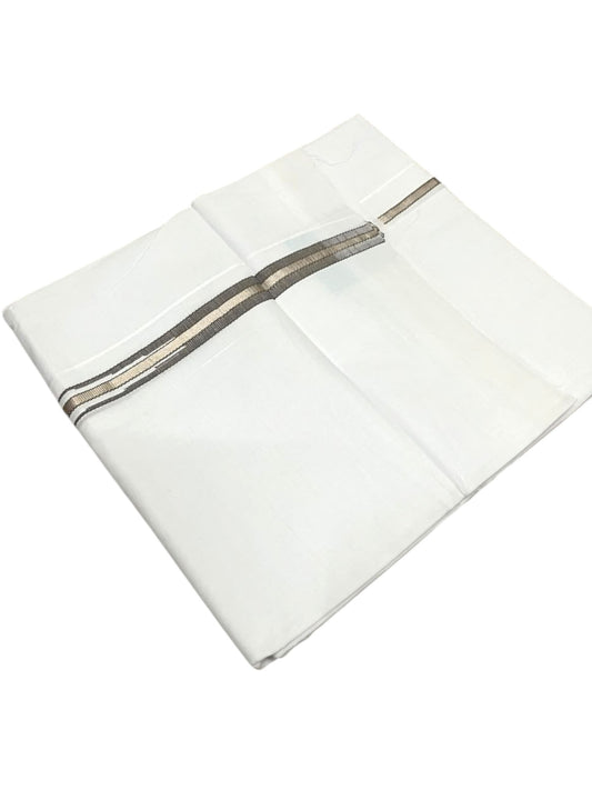 Southloom Pure White Cotton Double Mundu with Silver and Olive Green Chutti Kara (South Indian Dhoti)