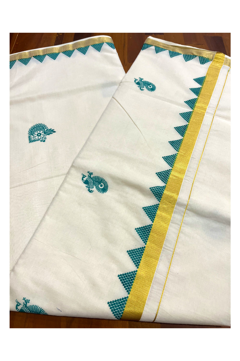 Pure Cotton Kerala Kasavu Saree with Green Temple Border Pallu and Peacock Block Prints on Body