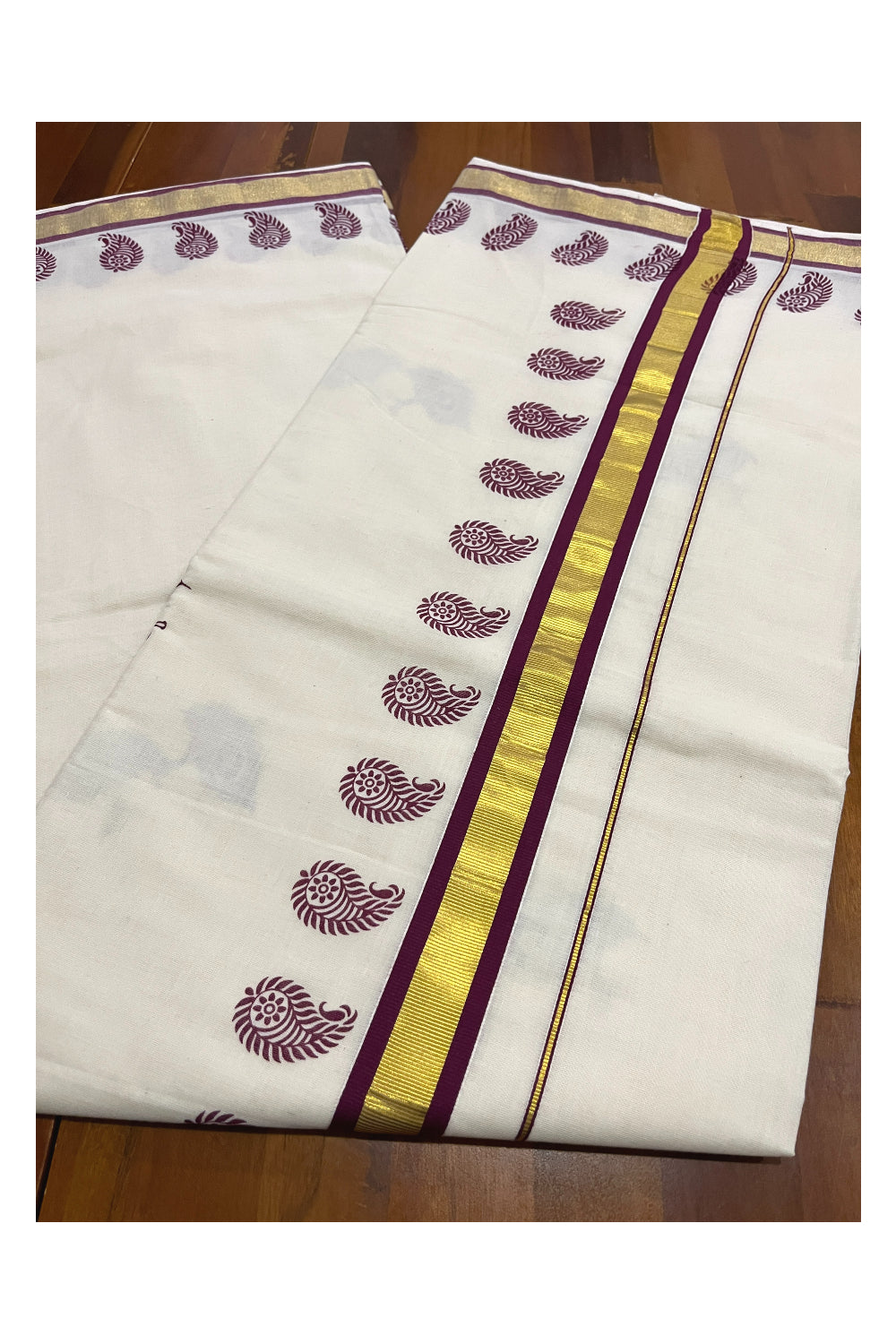 Pure Cotton Kerala Kasavu Saree with Purple Feather Block Printed Design