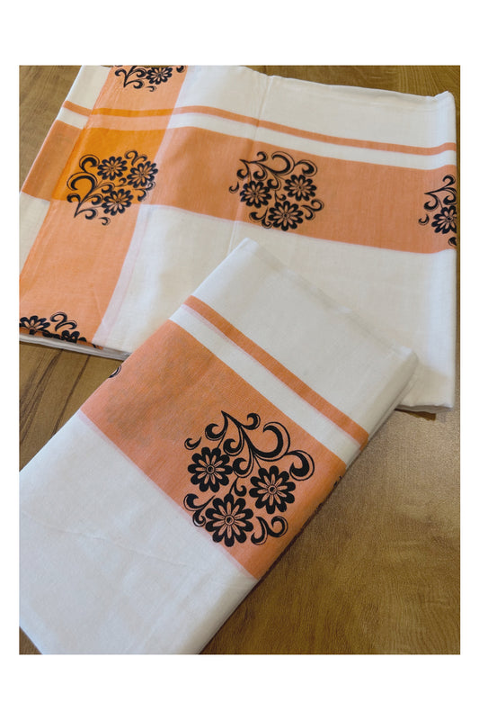 Kerala Pure Cotton Set Mundu (Mundum Neriyathum) with Block Printed Orange Border