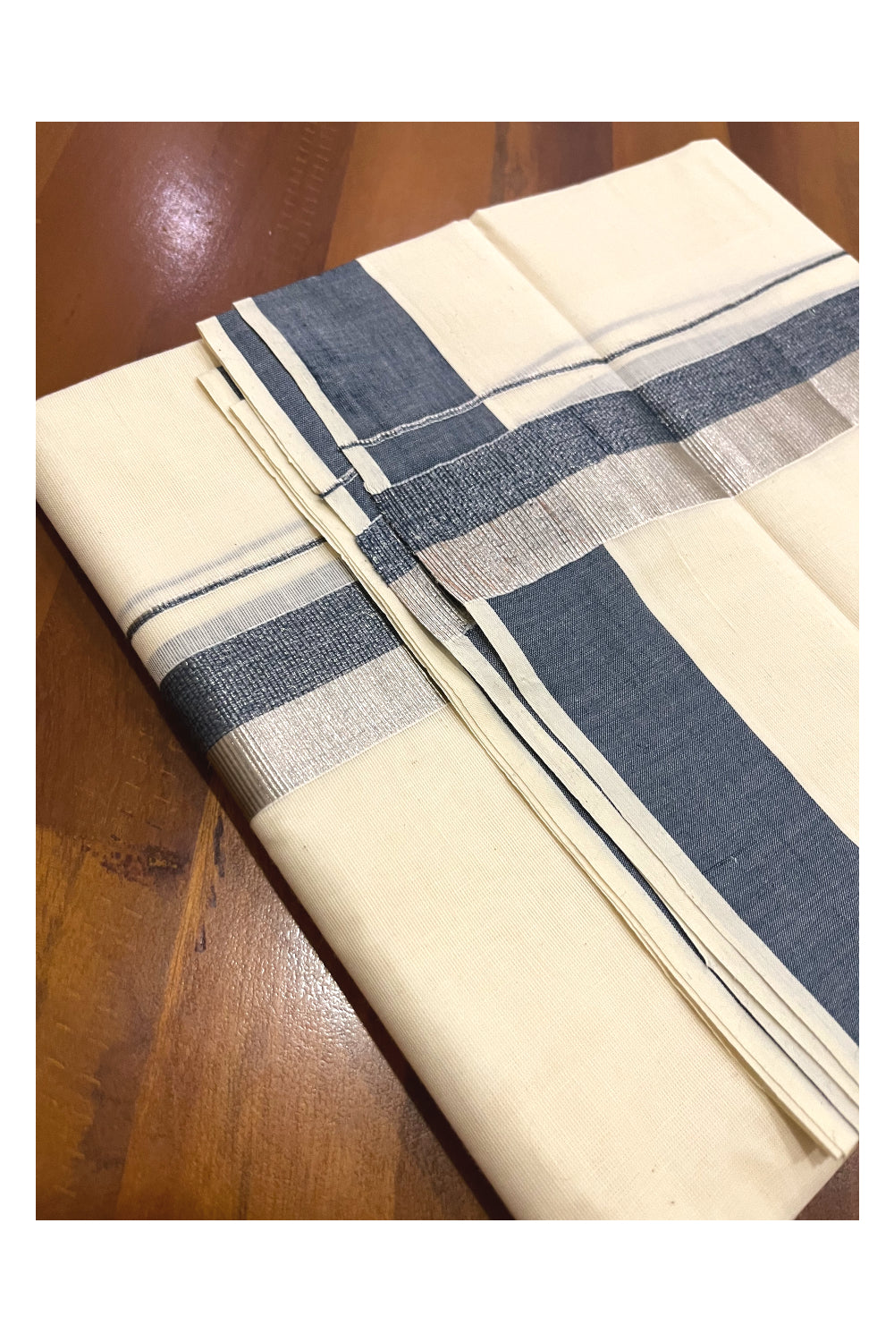 Kerala Cotton Double Mundu with Dark Blue and Silver Kasavu Border (Onam Mundu 2023)