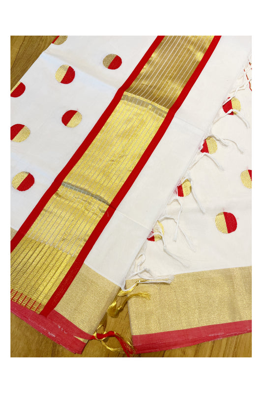 Southloom™ Premium Handloom Cotton Kerala Saree with Red Golden Polka works on Body