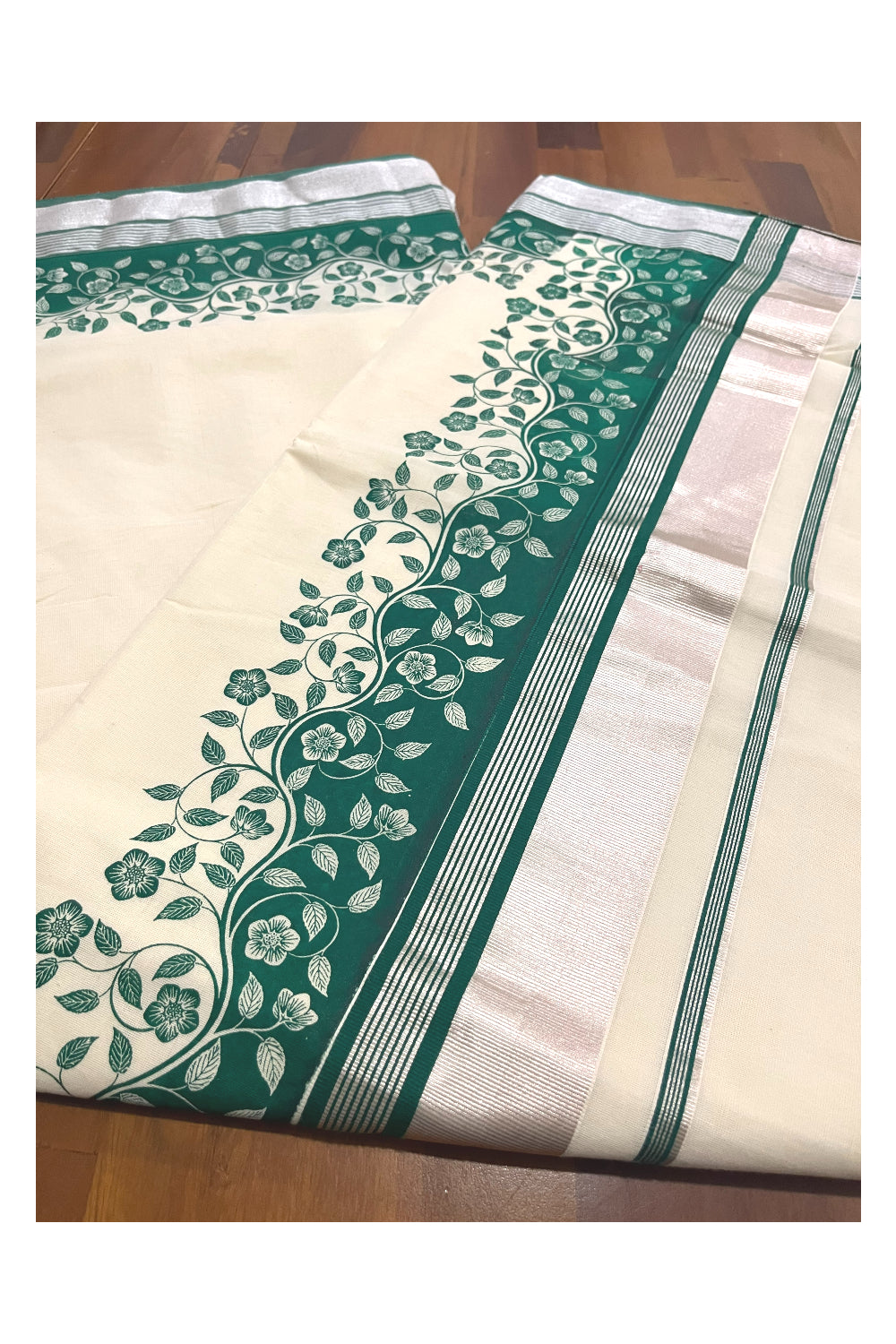 Kerala Cotton Saree with Green Floral Block Prints and Silver Kasavu Border (Onam Saree 2023)