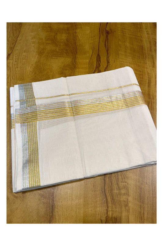 Kerala Pure Cotton Double Mundu with Silver and Kasavu Lines Border (South Indian Kerala Dhoti)