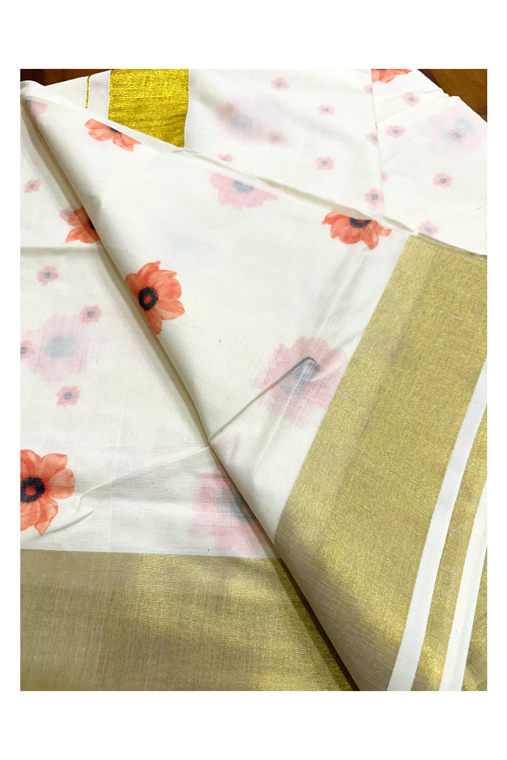 Southloom Exclusive Onam Kasavu Saree with Small Peach Floral High Quality Digital Print Across Body (Matching Printed Blouse Included)