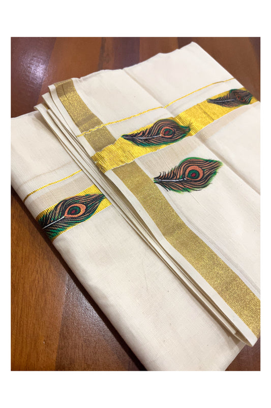 Pure Cotton Kasavu Mundu with Feather Mural Painted Design (Onam Mundu 2023)