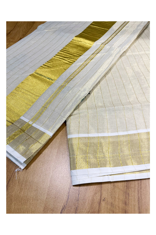 Kerala Tissue Kasavu Lines Saree with Green and Brown Floral Embroidery Works