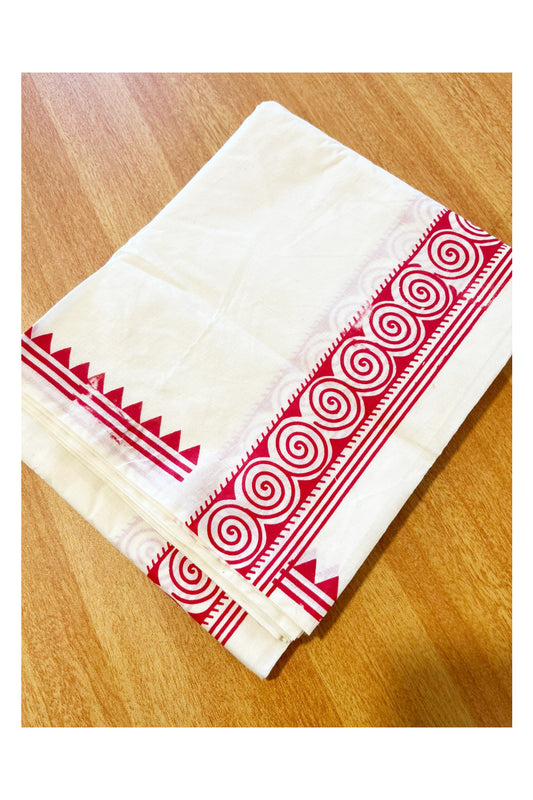 Pure Cotton Off White Double Mundu with Pink Block Prints On Border (South Indian Kerala Dhoti)