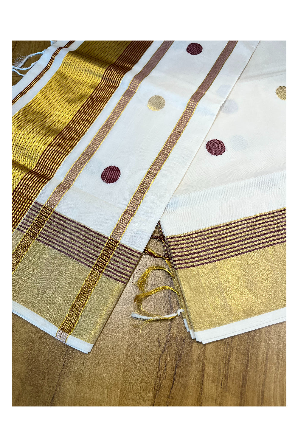 Southloom Premium Handloom Kasavu Saree with Maroon and Golden Polka Woven Designs Across Body