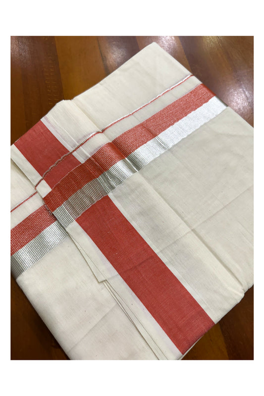 Kerala Pure Cotton Off White Double Mundu with Silver Kasavu And Orange Kara (South Indian Kerala Dhoti)