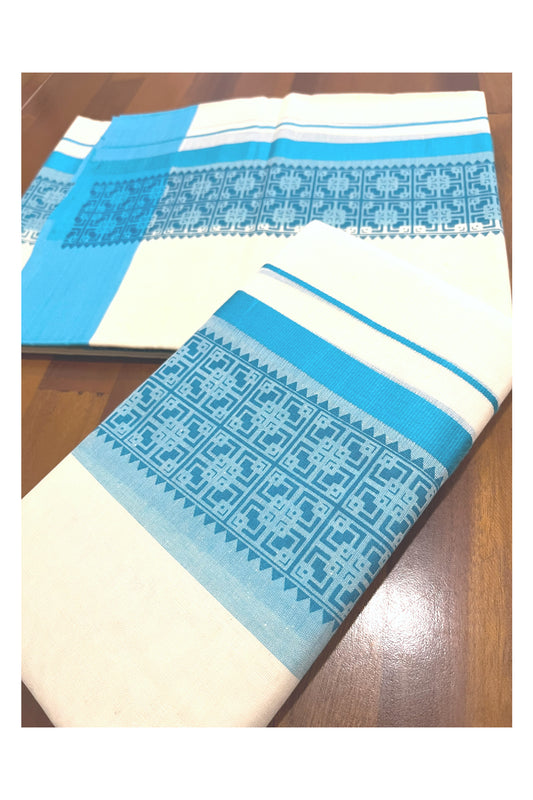 Southloom Pure Cotton Kerala Single Set Mundu with Blue Block Prints (Onam Set Mundu 2023)