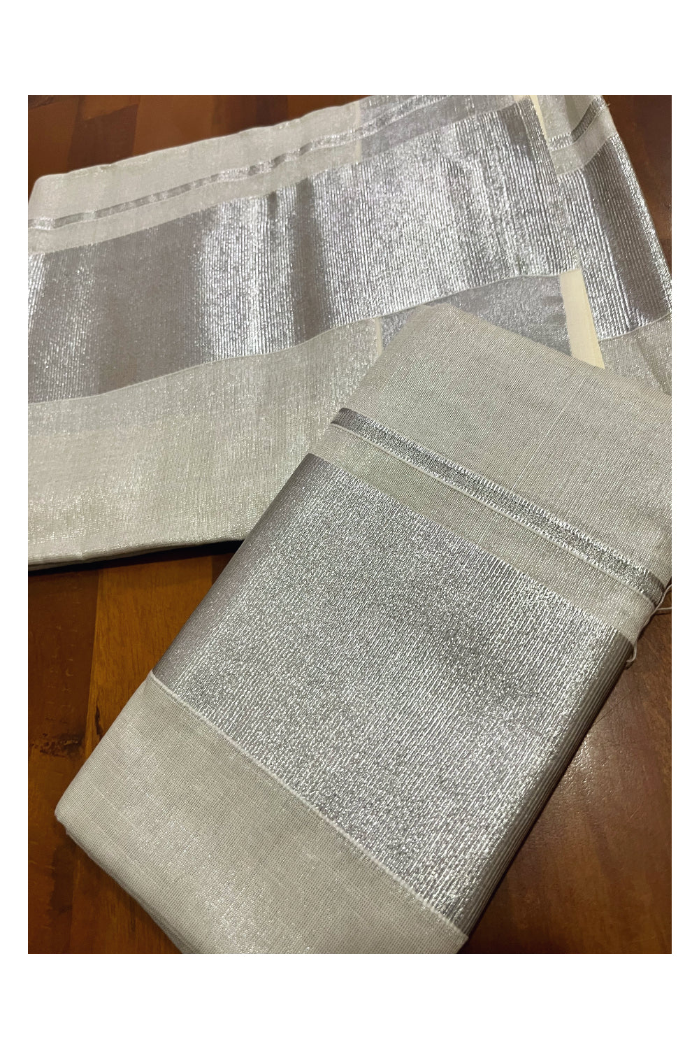 Single Plain Silver Tissue Set Mundu (Mundum Neriyathum) with 4 inch Border 2.80 Mtrs