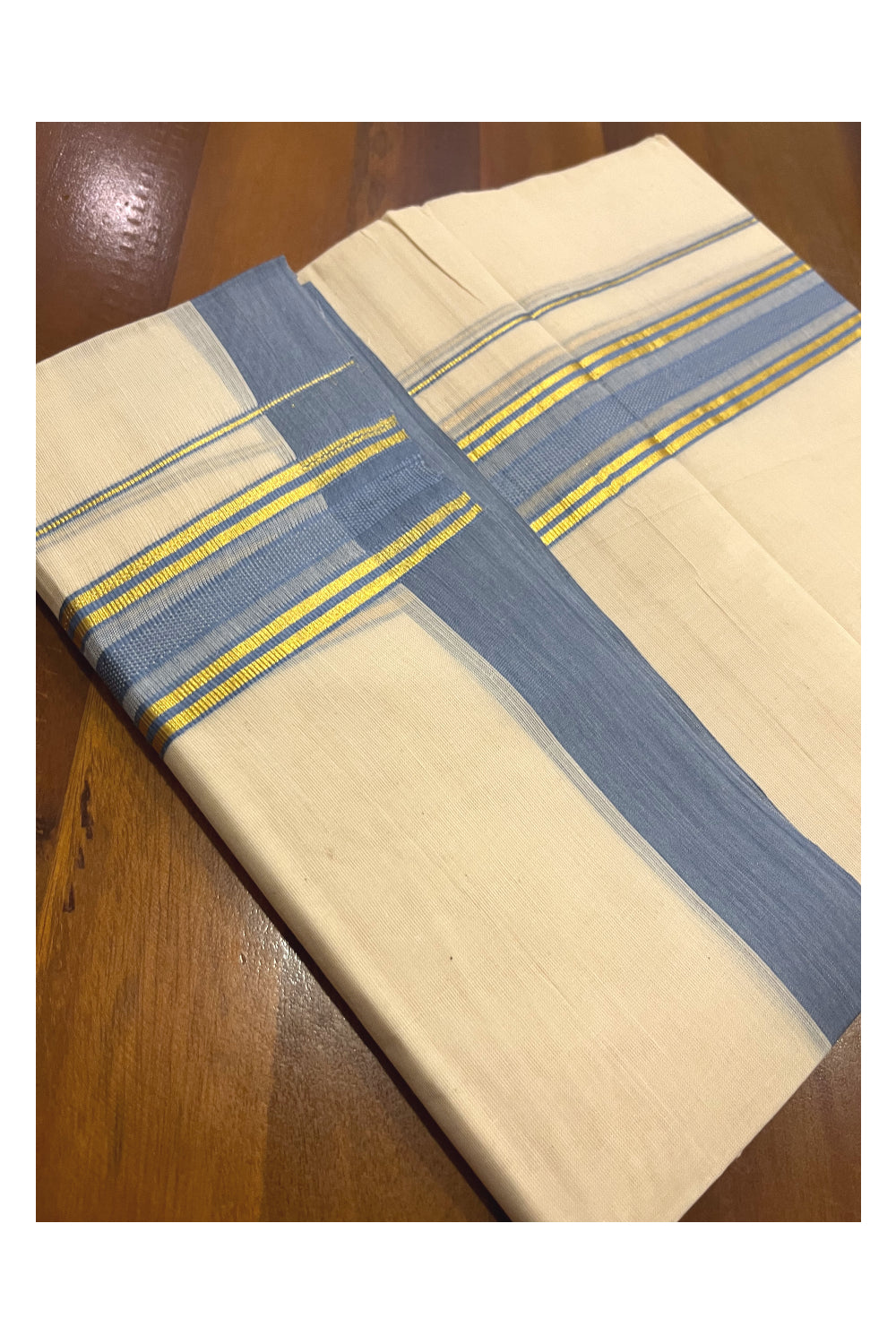 Pure Cotton 100x100 Double Mundu with Kasavu and Blue Kara (Onam Mundu 2023)