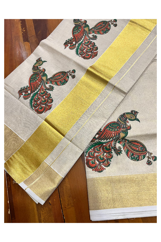 Kerala Tissue Kasavu Saree with Peacock and Veena Block Printed Designs (Vishu 2024 Collection)