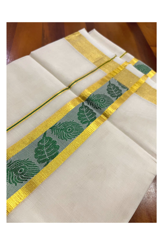 Southloom Premium Wedding Handloom Cotton Mundu with Green and Golden Kasavu Woven Border (South Indian Kerala Dhoti)