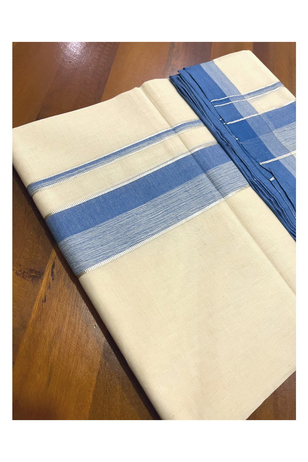 Pure Cotton Off White 100x100 Double Mundu with Silver Kasavu and Blue Border (South Indian Kerala Dhoti)