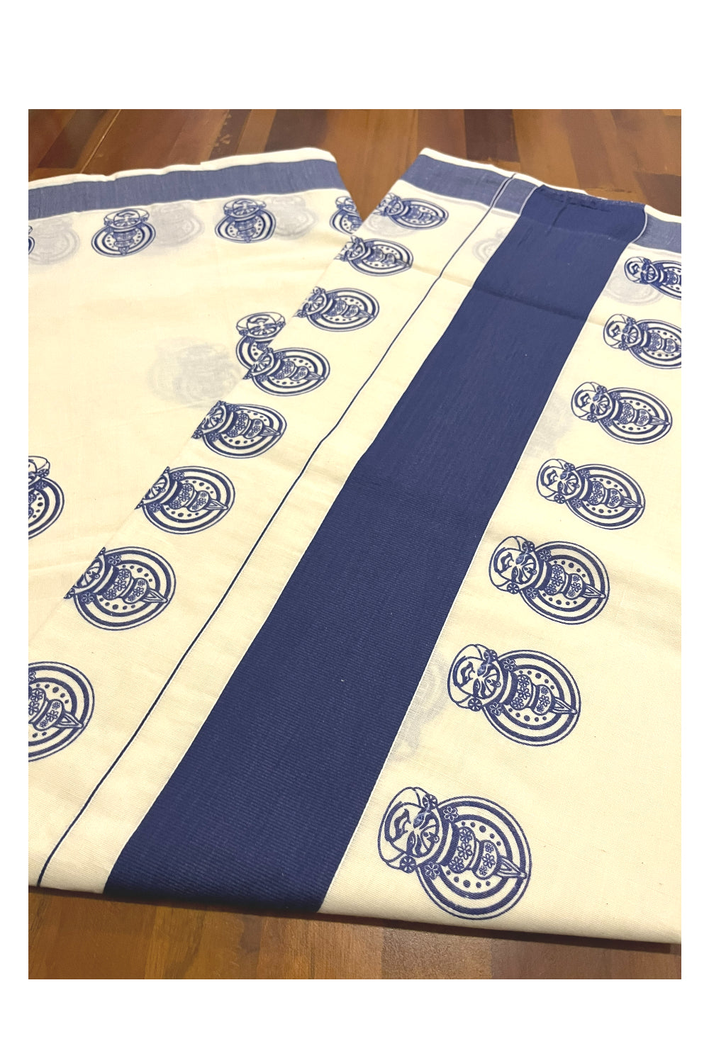 Pure Cotton Kerala Saree with Blue Kathakali Block Printed Border (Onam Saree 2023)