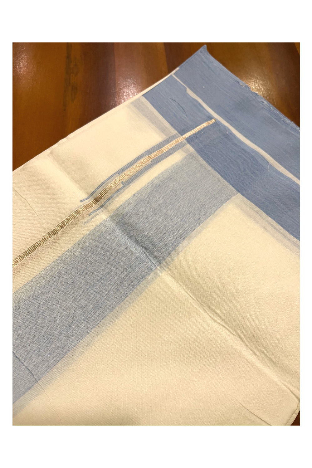 Pure White Cotton Double Mundu with Silver Kasavu and Light Blue Chutti Border (South Indian Kerala Dhoti)