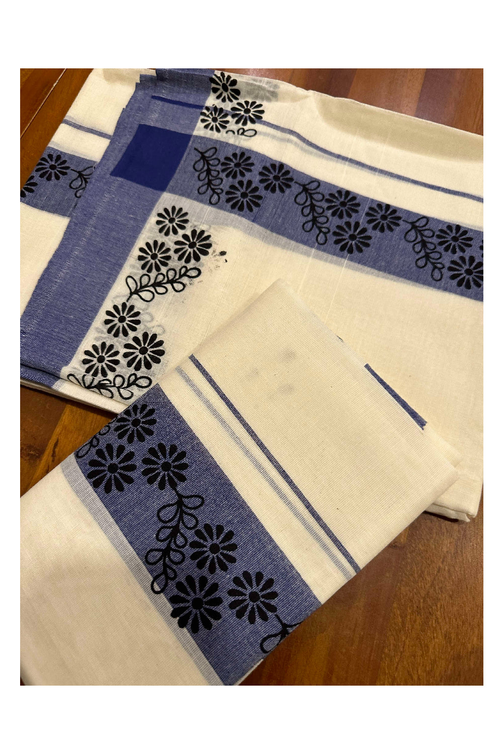 Kerala Cotton Single Set Mundu (Mundum Neriyathum) with Block Prints on Blue Border (Onam set Mundu 2023)