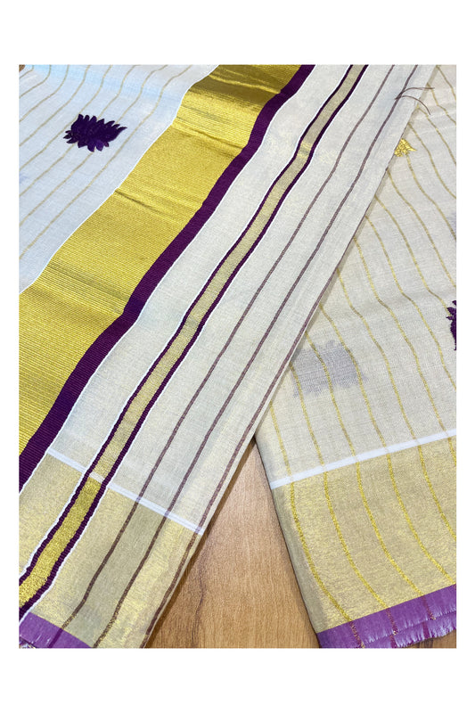 Kerala Tissue Kasavu Lines Saree with Violet And Golden Lotus Embroidery Works