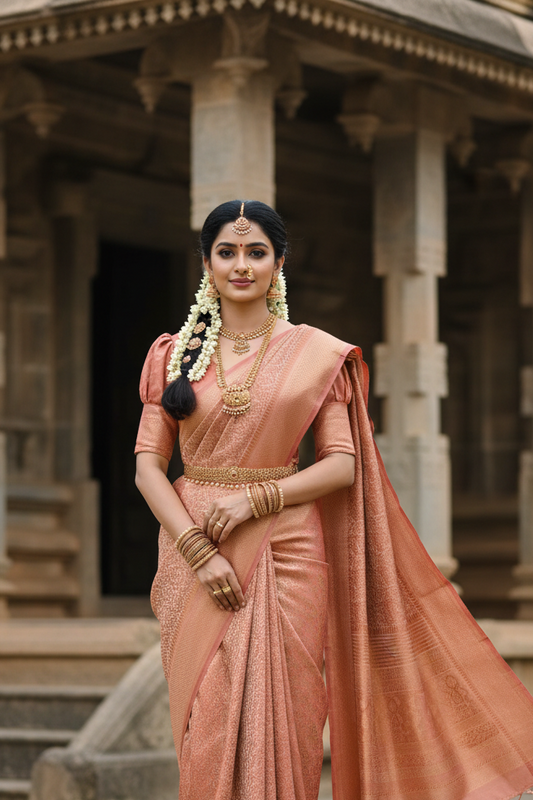 Southloom Premium Semi Silk Zari Work Brocade Saree in Bridal Peach with Matching Pallu