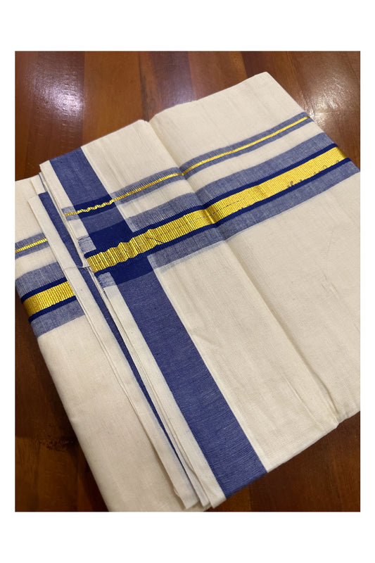 Kerala Cotton Double Mundu with Blue and Kasavu Border (Onam Mundu 2023)