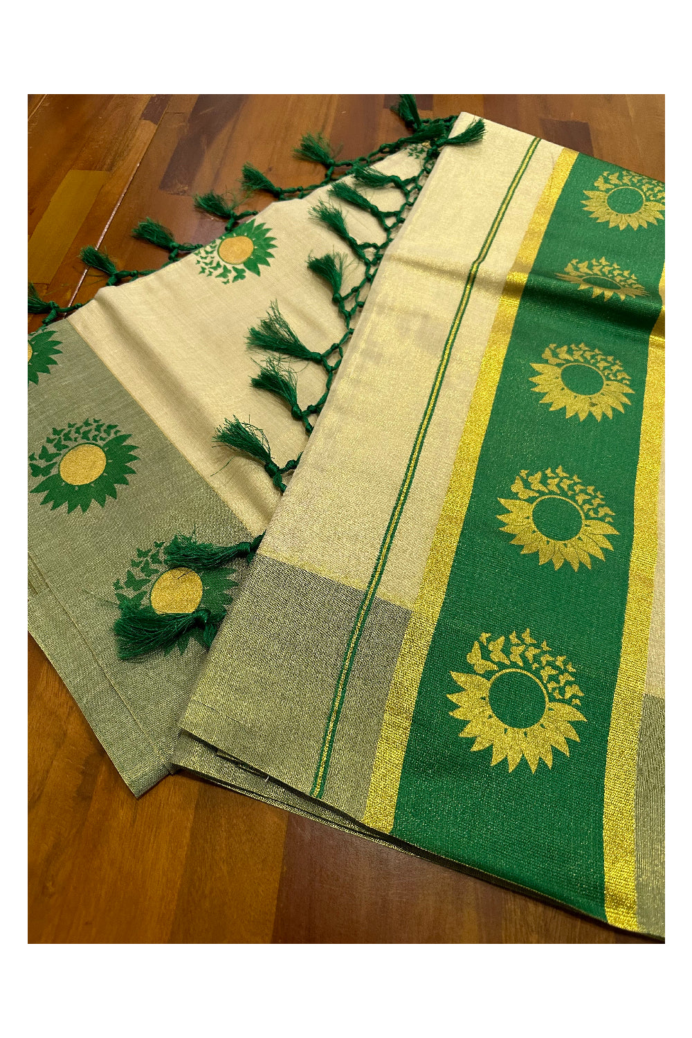 Kerala Tissue Kasavu Saree with Green and Golden Block Prints on Border (Onam Saree 2023)