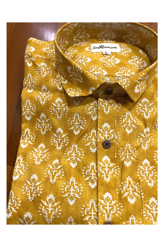 Southloom Jaipur Cotton Yellow Shirt with Floral Hand Block Printed Design (Full Sleeves)