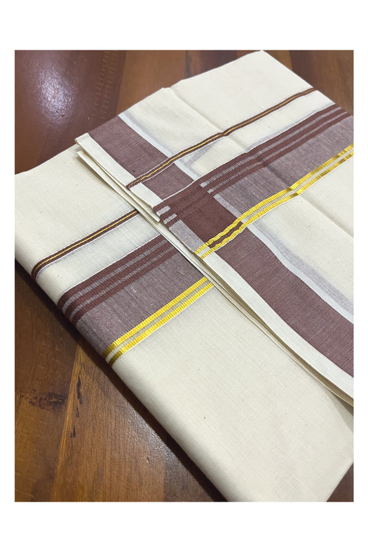 Pure Cotton Kerala Double Mundu with Brown and Kasavu Kara (South Indian Kerala Dhoti)