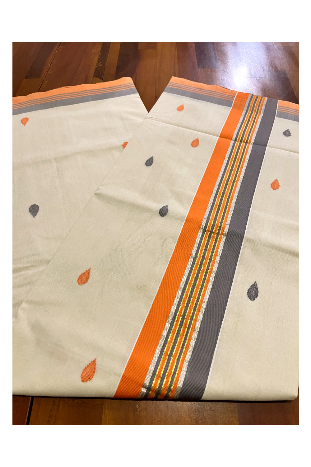 Southloom Premium Balaramapuram Unakkupaavu Handloom Cotton Butta Saree with Orange Grey and Kasavu Border