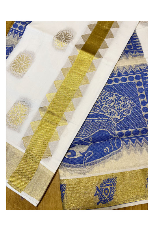 Kerala Cotton Kasavu Saree With Blue and Golden Heavy Woven Works On Body