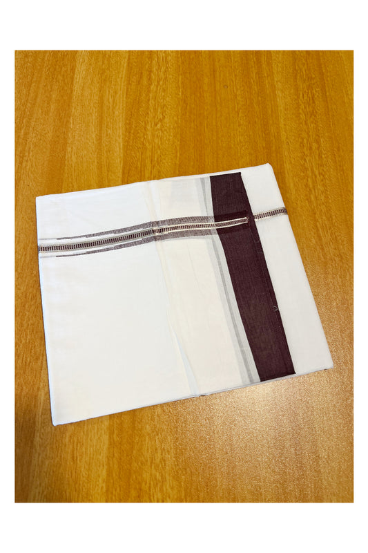 Pure White Cotton Double Mundu with Silver Brown Chutti Border (South Indian Kerala Dhoti)