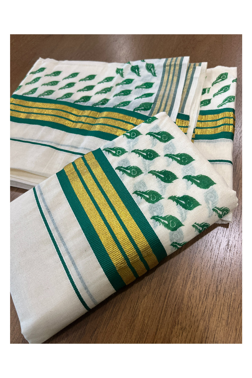 Cotton Single Set Mundu (Mundu Neriyathum) with Green Feather Block Prints and Kasavu Border