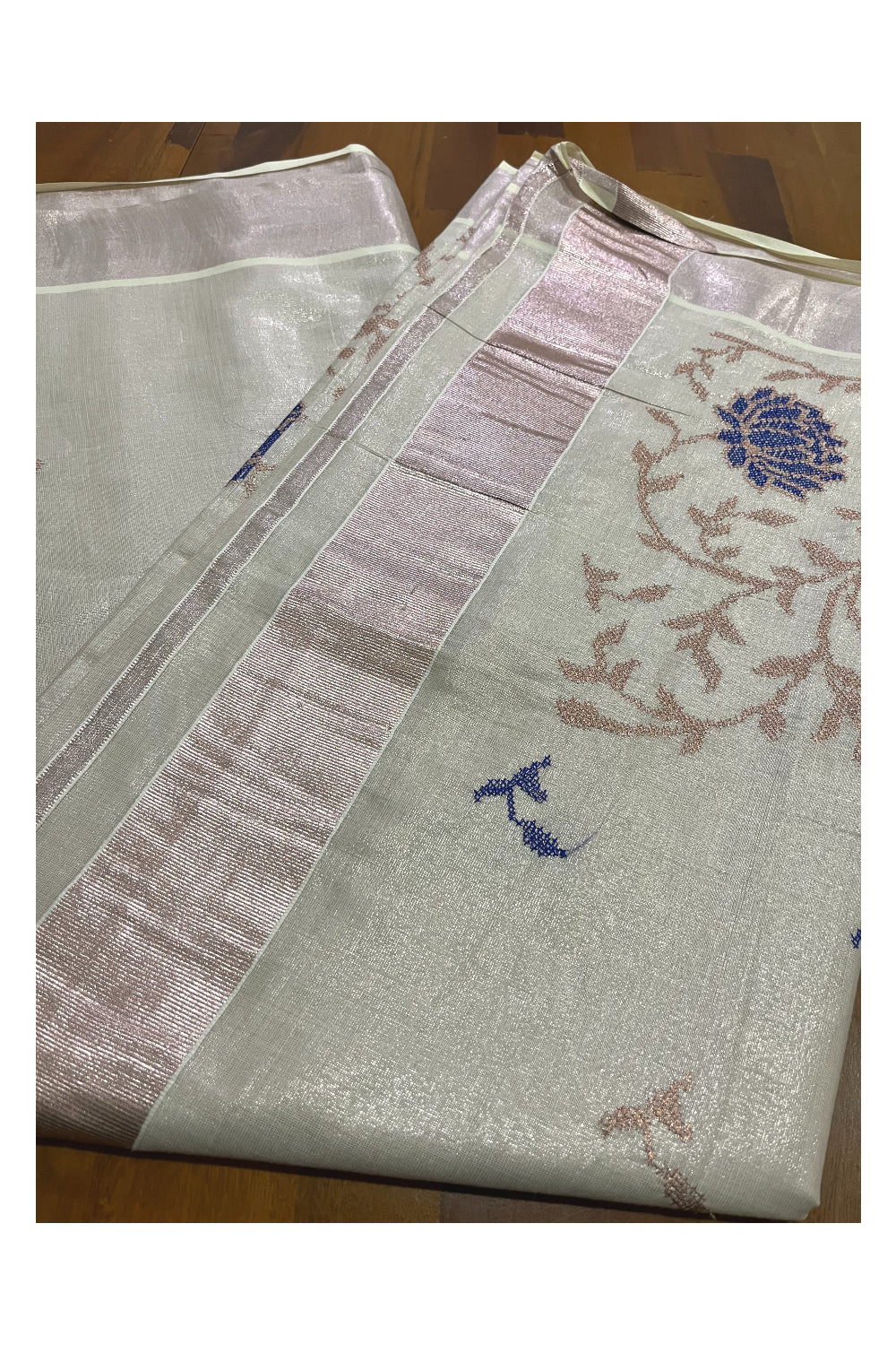 Kerala Rose Copper Tissue Kasavu Saree with Blue Embroidery Works on Body