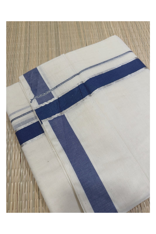 Off White Kerala Double Mundu with Silver Kasavu and Blue Kara (South Indian Kerala Dhoti)