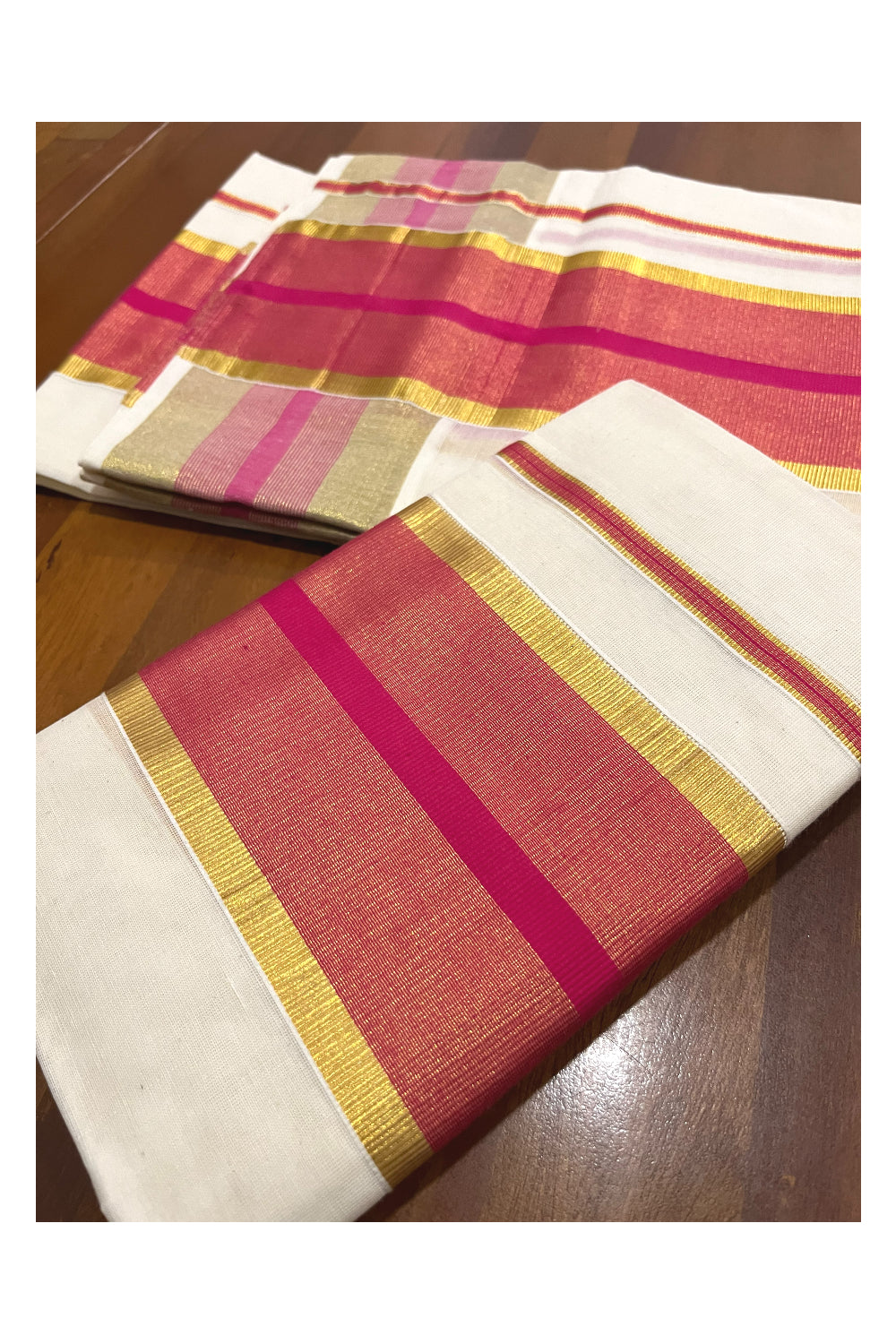 Pure Cotton Kerala Onam 2023 Set Mundu (Mundum Neriyathum) Single with Bright Magenta and Kasavu Border 2.80 Mtrs