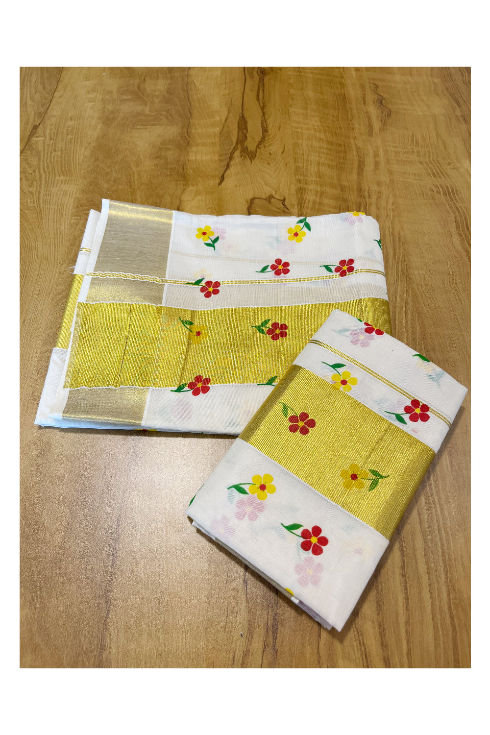 Kerala Cotton Single Set Mundu (Mundum Neriyathum) with Yellow And Red Floral Block Printed Design 2.80Mtrs