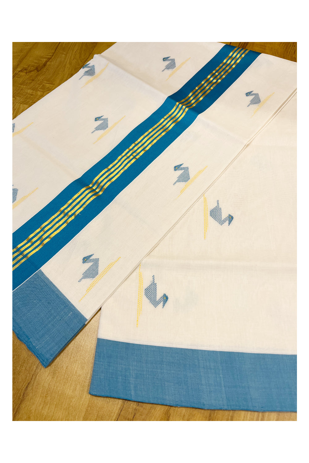 Southloom Premium Balaramapuram Unakkupaavu Handloom Cotton Butta Saree with Kasavu and Peacock Blue Border