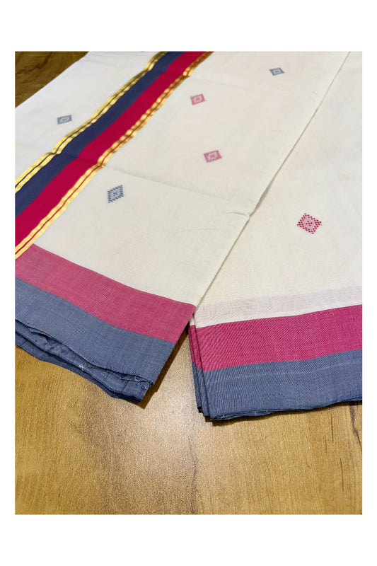 Southloom Premium Balaramapuram Unakkupaavu Handloom Cotton Butta Saree with Grey,Pink and Kasavu Border