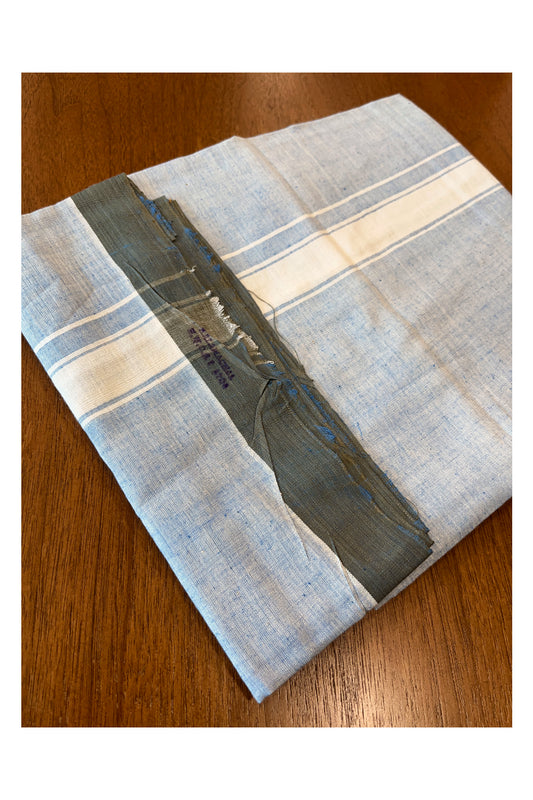 Southloom Premium Handloom Blue Shaded Solid Single Mundu (Lungi) with White Border