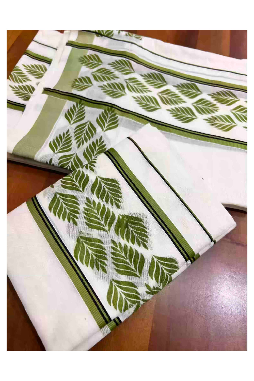 Kerala Cotton Single Set Mundu (Mundum Neriyathum) with Leaf Block Prints on Light Green and Black Border