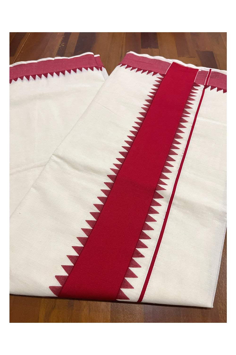 Kerala Pure Cotton Saree with Maroon Temple Block Prints on Border