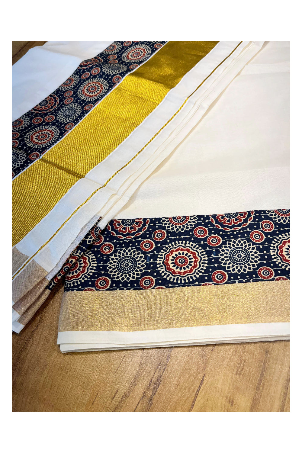 Kerala Pure Cotton Kasavu Saree with Ajrakh Stitched Borders and Matching Blouse Piece