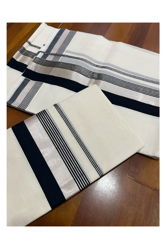 Pure Cotton Handloom Premium Kasavu Set Mundu (Mundum Neriyathum) with Black and Silver Kasavu Border