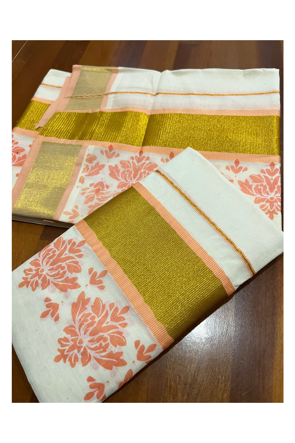 Pure Cotton Kerala Single Set Mundu (Mundum Neriyathum) with Peach Block Printed Kasavu Border