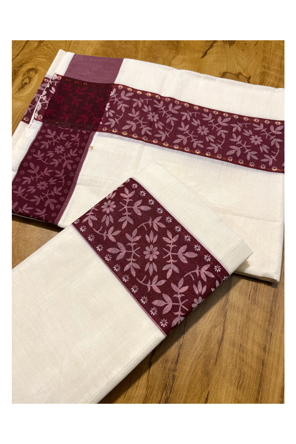 Kerala Cotton Single Set Mundu (Mundum Neriyathum) with Brown Block print Border 2.80Mtrs