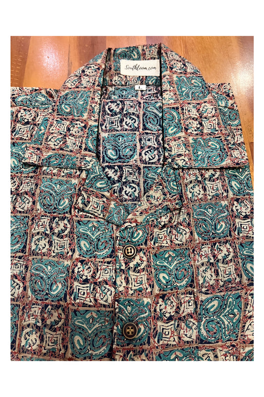Southloom Jaipur Cotton Green Hand Block Printed Cuban Collar Shirt (Half Sleeves)