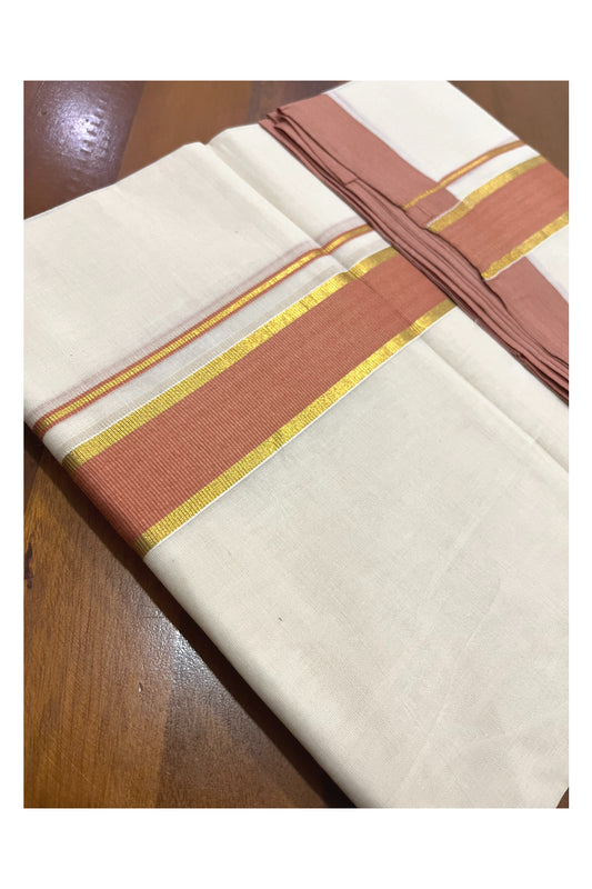 Pure Cotton 100x100 Double Mundu with Kasavu and Orange Kara (Onam Mundu 2023)