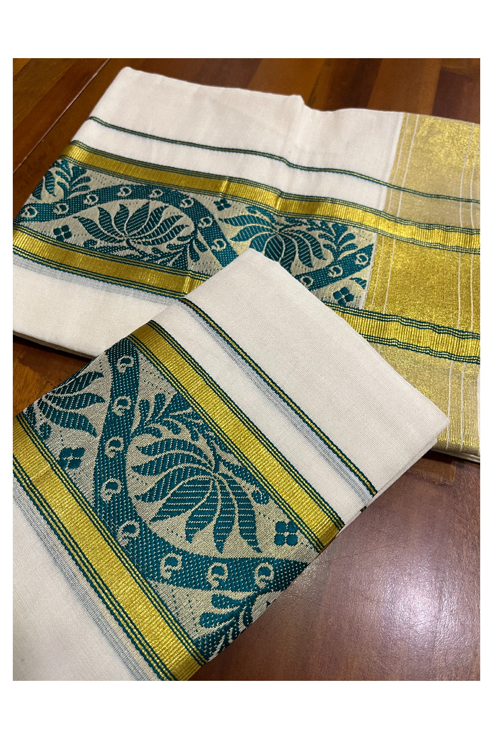 Kerala Cotton Kasavu Set Mundu (Mundum Neriyathum) with Green Floral Woven Border 2.80 Mtrs